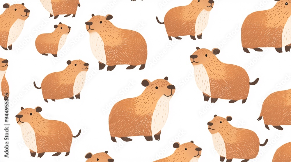 Fototapeta premium Tiny capybaras in a cartoon style scattered across a white background