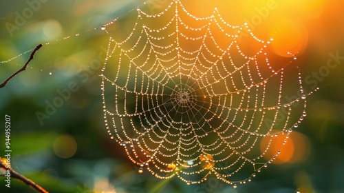 A macro shot of a spider web covered in morning dew, with warm sunlight shining through.