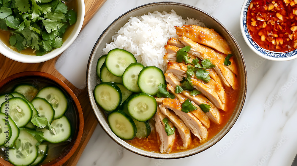 An overhead shot of Khao Man Gai, with a side of cucumber slices and a bowl of clear broth An overhead shot of Khao Man Gai, with a side of cucumber slices and a bowl of clear broth