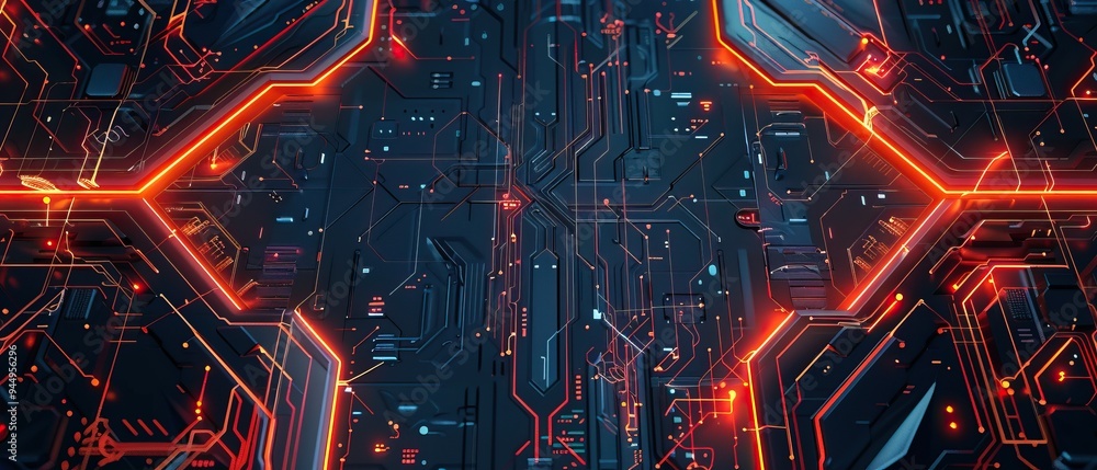 Abstract Futuristic Technology Circuit Board with Glowing Orange Lines Abstract Futuristic Technology Circuit Board with Glowing Orange Lines