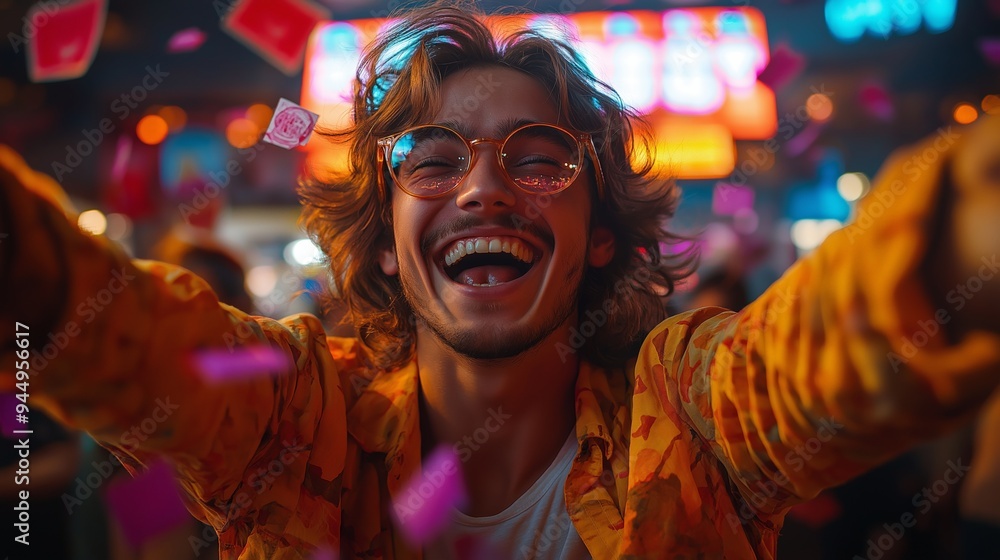 Obraz premium Joyful Young Man Celebrating at a Vibrant Night Event, Surrounded by Neon Lights and Confetti, Emphasizing the Energetic and Festive Atmosphere of a Night Out