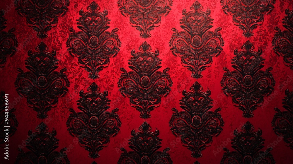Elegant red and black damask wallpaper with intricate patterns. Elegant red and black damask wallpaper with intricate patterns.