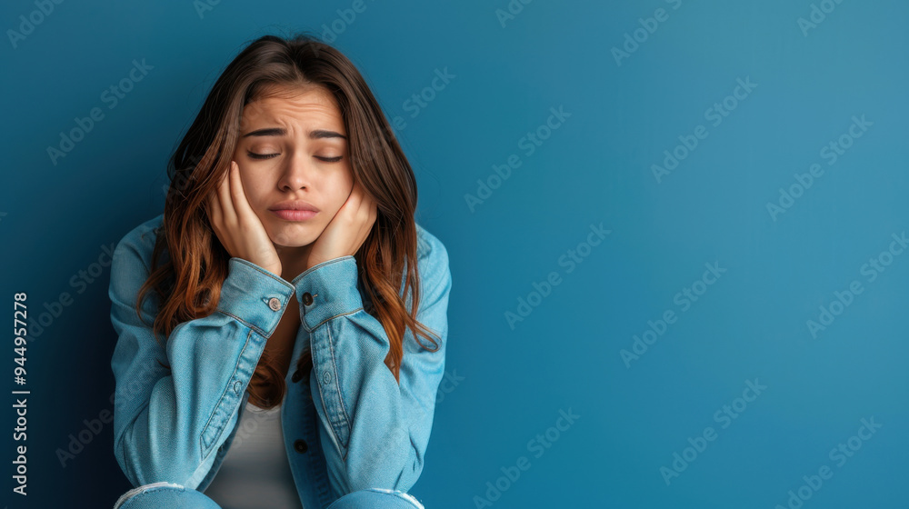 Young woman in a denim jacket, sitting with her head in her hands against a blue background, expressing sadness and frustration. Young woman in a denim jacket, sitting with her head in her hands against a blue background, expressing sadness and frustration.