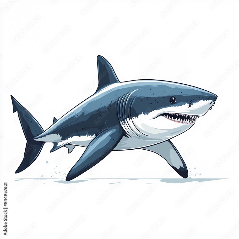 Fototapeta premium The Great White: A Cartoon Predator on the Prowl - A stylized illustration of a great white shark, teeth bared, gliding above a sandy seabed. Perfect for marine life, wildlife, or cartoon-themed proje