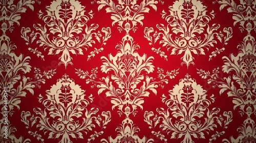 Elegant vintage damask pattern on a rich red background.
