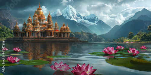 Panoramic view of the concept of the Hindu temple in the middle of the Himalayan mountains and lotus pond. Generative AI image. 