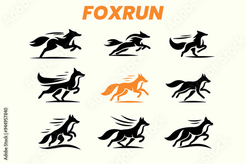 set of silhouettes of fox run logo design photo