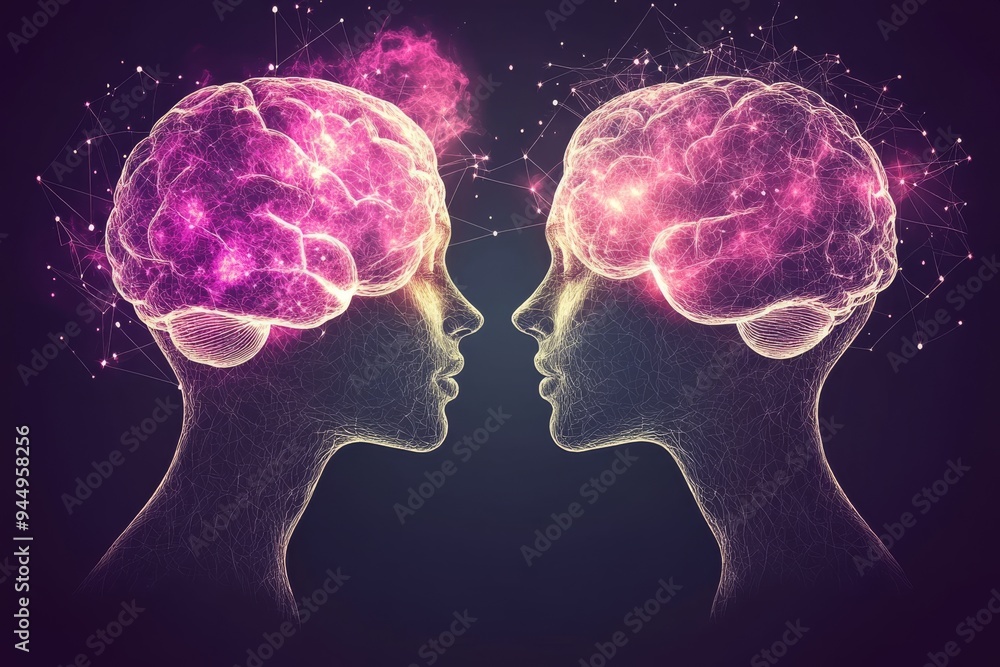 Vibrant neon brains facing each other in space symbolizing intense intellectual exchange and futuristic ideas Vibrant neon brains facing each other in space symbolizing intense intellectual exchange and futuristic ideas