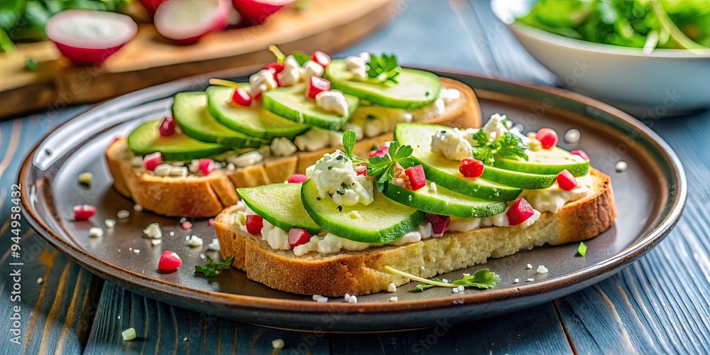 Aromatic bright bruschetta with feta, avocado, cucumber, and radish on a beautiful plate, food, appetizer, bruschetta, feta Aromatic bright bruschetta with feta, avocado, cucumber, and radish on a beautiful plate, food, appetizer, bruschetta, feta