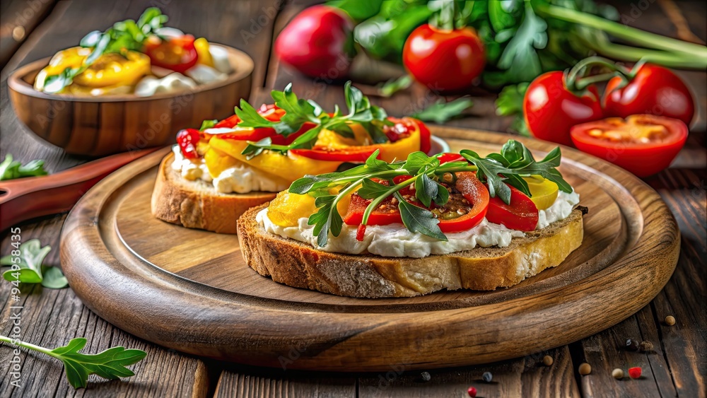 Aromatic bright bruschetta with cream cheese, roasted peppers, garlic, herbs, arugula on a wooden plate Aromatic bright bruschetta with cream cheese, roasted peppers, garlic, herbs, arugula on a wooden plate