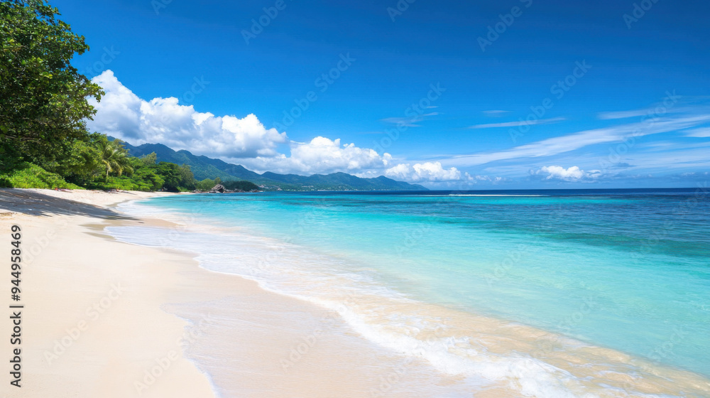 Captivating Seychelles beach scene with clean white sand and crystal-clear turquoise waters Captivating Seychelles beach scene with clean white sand and crystal-clear turquoise waters
