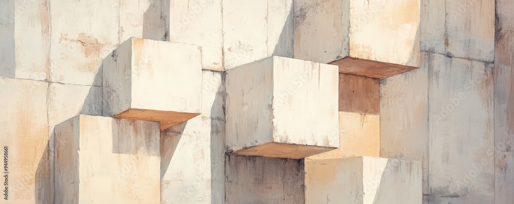 Abstract composition of textured blocks and walls showcasing geometric shapes and soft lighting. Abstract composition of textured blocks and walls showcasing geometric shapes and soft lighting.
