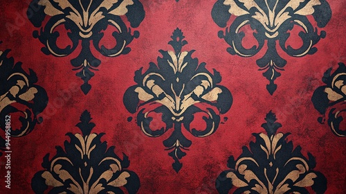 Elegant red and gold damask wallpaper with intricate floral patterns.