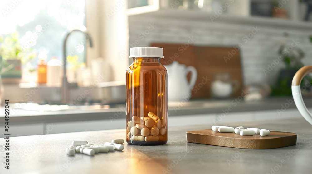 Bottle of Pills on Kitchen Countertop with Soft Morning Light Bottle of Pills on Kitchen Countertop with Soft Morning Light