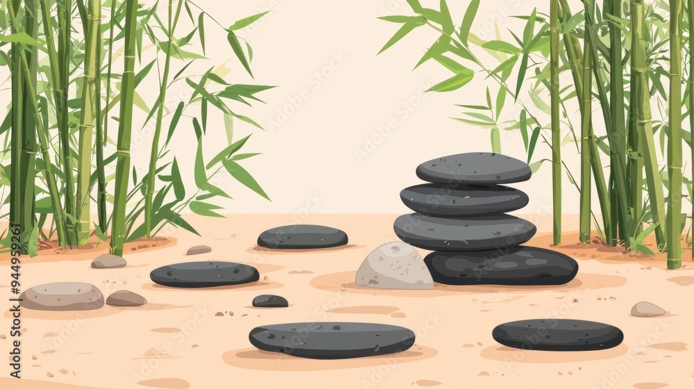 Zen Harmony - Tranquil Bamboo and Stone Elements in Earthy Tones, Minimalist Flat Design for Zen Garden Concept. Zen Harmony - Tranquil Bamboo and Stone Elements in Earthy Tones, Minimalist Flat Design for Zen Garden Concept.