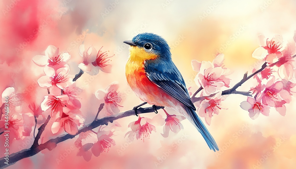 Watercolor cartoon bird perched on a blooming cherry blossom branch, vibrant and cheerful Watercolor cartoon bird perched on a blooming cherry blossom branch, vibrant and cheerful