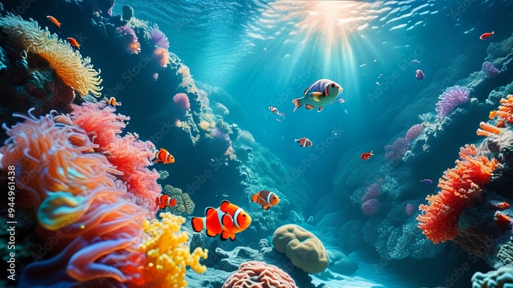 Obraz premium Clownfish swim beneath the surface of the water, where light shines down.