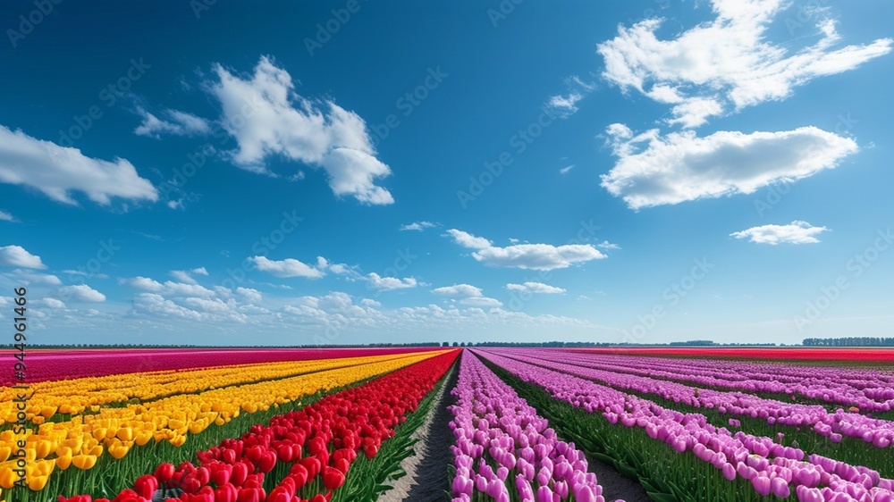 A field of colorful tulips contrasts beautifully with the sky. A field of colorful tulips contrasts beautifully with the sky.