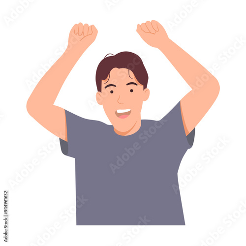 Excited man raising his hands cheerfully, achieving goal, happy positive emotion, cheers and encouragement. Vector illustration.