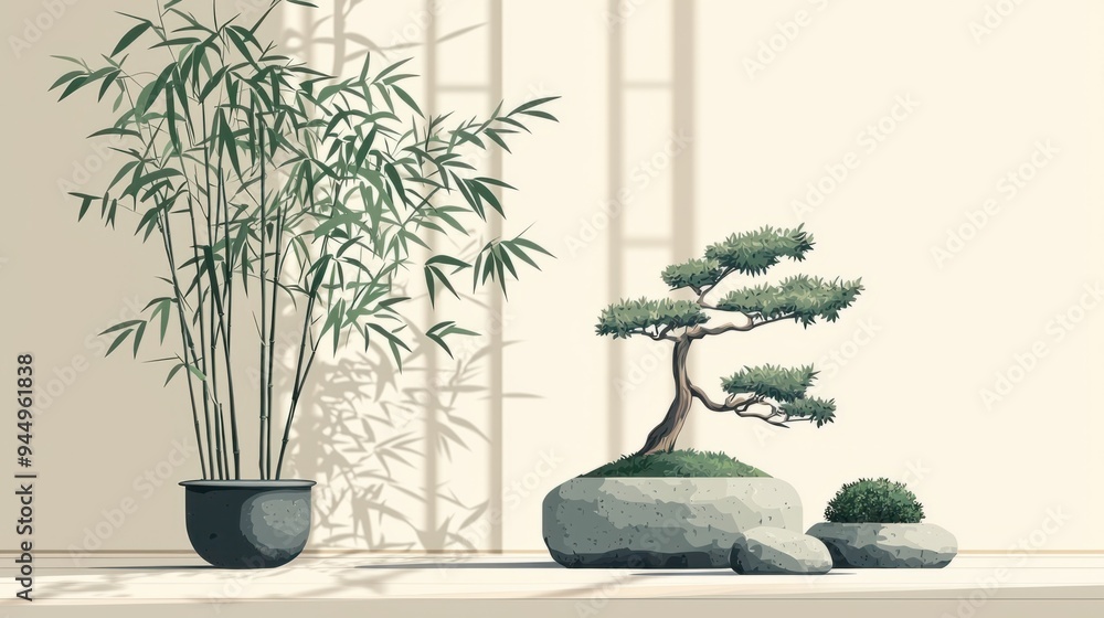 Zen Garden Harmony: Bamboo and Bonsai in Serene Flat Design with Natural Colors Zen Garden Harmony: Bamboo and Bonsai in Serene Flat Design with Natural Colors