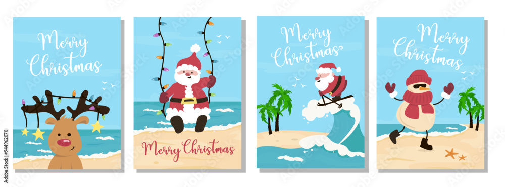 Set of Christmas at the beach, holidays cards. Tropical Christmas greeting card set with cute Santa Claus, deer and sandman. Set of Christmas at the beach, holidays cards. Tropical Christmas greeting card set with cute Santa Claus, deer and sandman.
