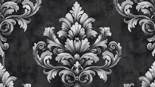 Elegant black and silver damask pattern with intricate floral designs.