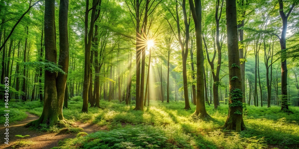Obraz premium A serene and lush forest with sunlight filtering through the foliage , Trees, Woods, Nature, Greenery, Scenic
