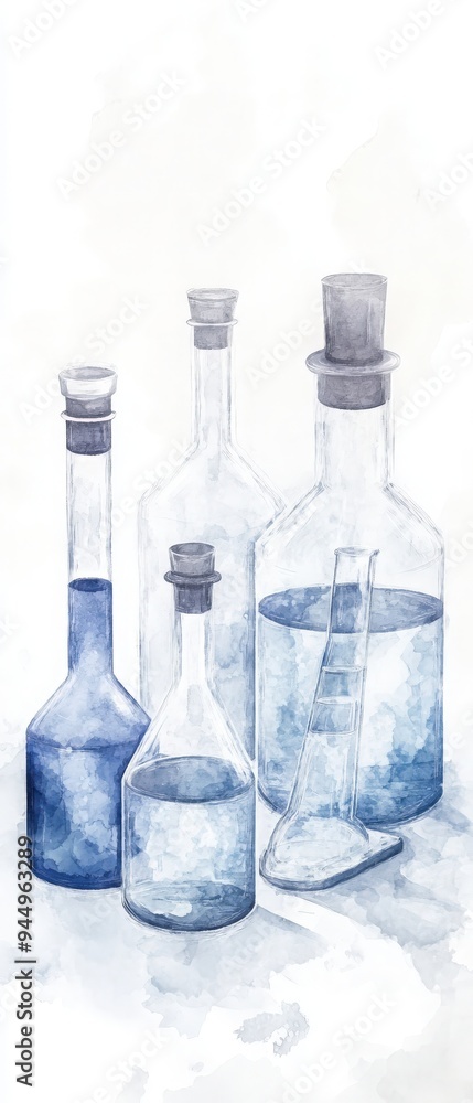 A collection of elegant, translucent glass bottles filled with blue liquid, perfect for science and artistic themes. A collection of elegant, translucent glass bottles filled with blue liquid, perfect for science and artistic themes.