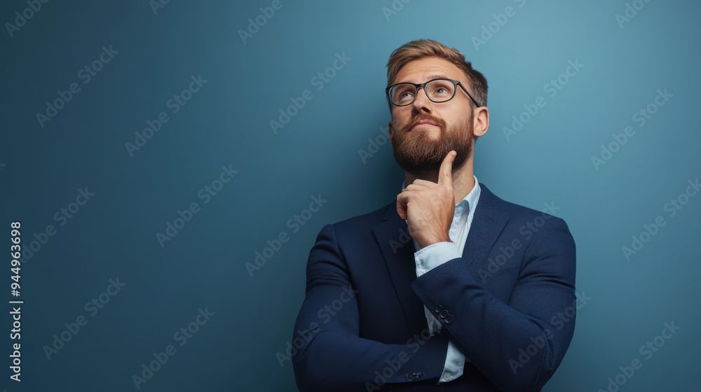 A bearded businessman in a suit and glasses stands against a blue background, contemplating with a hand on his chin. A bearded businessman in a suit and glasses stands against a blue background, contemplating with a hand on his chin.