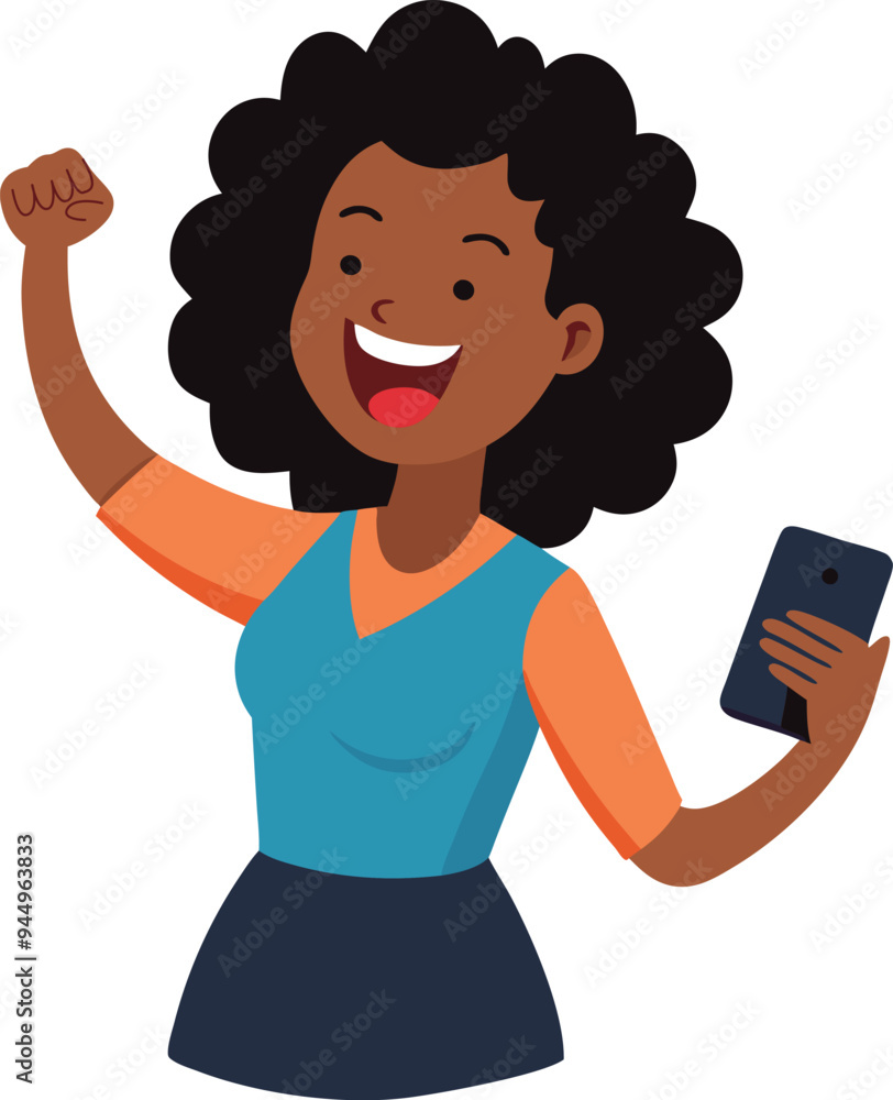 Happy excited and phone with black business woman illustration Happy excited and phone with black business woman illustration