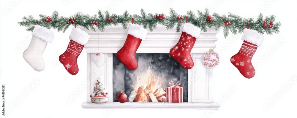Fototapeta premium cozy Christmas fireplace with stockings hanging, set against a white background