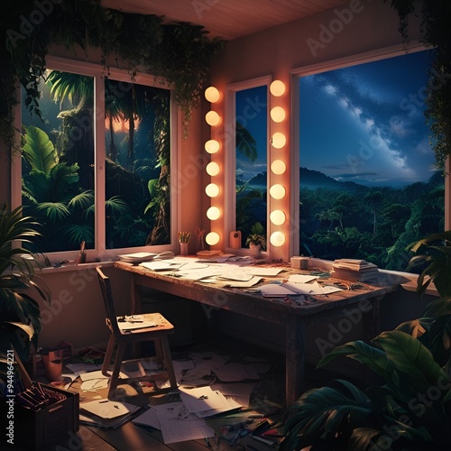 Lofi empty interior. Messy desk, window view of a forest, jungle. Anime, manga style. Colorful study 