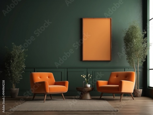 Two Orange Armchairs in a Green Room with a Large Frame