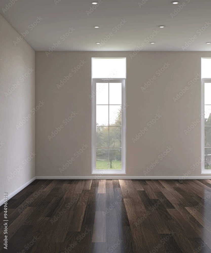Empty room with beige brown wall in sunlight on dark brown parquet floor from white frame glass window to courtyard with tree for luxury, minimal interior design decoration, product background 3D Empty room with beige brown wall in sunlight on dark brown parquet floor from white frame glass window to courtyard with tree for luxury, minimal interior design decoration, product background 3D