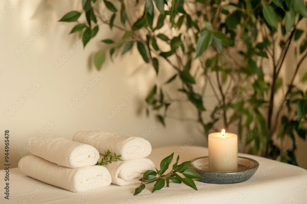 A serene spa setting featuring rolled towels, a candle, and a touch of greenery, perfect for relaxation and wellness. A serene spa setting featuring rolled towels, a candle, and a touch of greenery, perfect for relaxation and wellness.