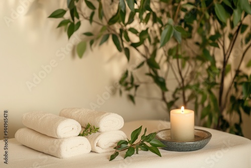 A serene spa setting featuring rolled towels, a candle, and a touch of greenery, perfect for relaxation and wellness.