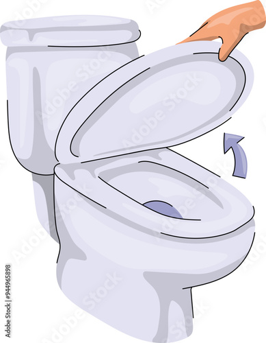 Vector Illustration of Hand with Toilet Bowl, Hands Lift the Toilet Lid