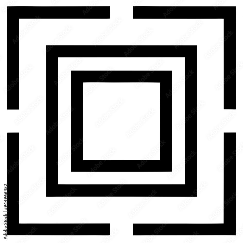 A symmetrical design featuring four concentric squares, each outlined in black, creating a geometric pattern against a white background A symmetrical design featuring four concentric squares, each outlined in black, creating a geometric pattern against a white background