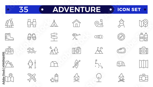 Adventure and trekking line icon set. Included the icons as view, nature, camping, mountain, forest, backpacking, travel, sunset and more.
