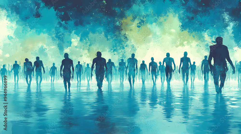 Obraz premium Silhouette Crowd Walking Towards the Horizon