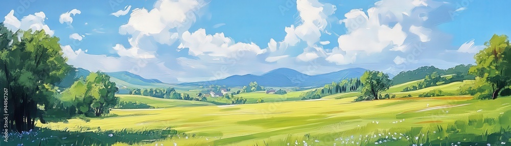 A vibrant landscape featuring lush fields under a clear blue sky with fluffy clouds and distant mountains in the background. A vibrant landscape featuring lush fields under a clear blue sky with fluffy clouds and distant mountains in the background.