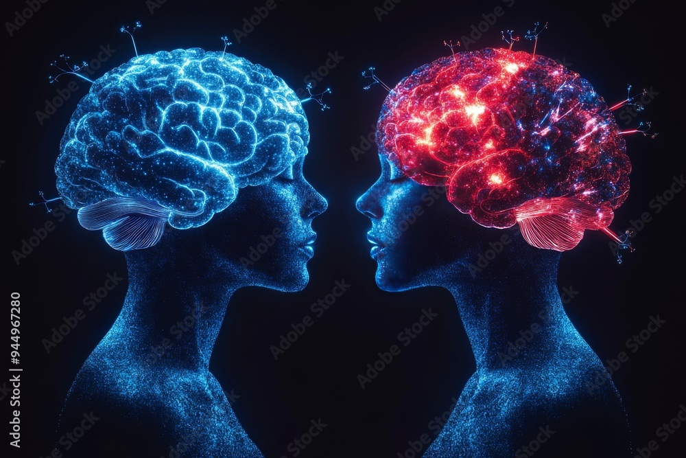 Lovers with interconnected brain trails visualizing the depth of their emotional and intellectual bond in vivid colors Lovers with interconnected brain trails visualizing the depth of their emotional and intellectual bond in vivid colors