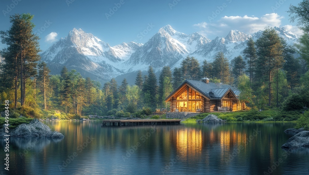 Fototapeta premium A cozy cabin nestled in a serene forest by a tranquil lake with majestic mountains in the background.