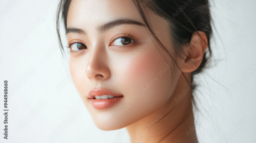 Close-up of an Asian woman showcasing a skincare product with elegance, set against Close-up of an Asian woman showcasing a skincare product with elegance, set against