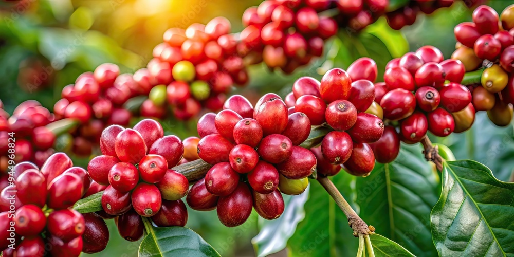 Closeup of vibrant red coffee cherries hanging on a branch in Brazil , coffee, beans, ripe, red, tree, plantation Closeup of vibrant red coffee cherries hanging on a branch in Brazil , coffee, beans, ripe, red, tree, plantation