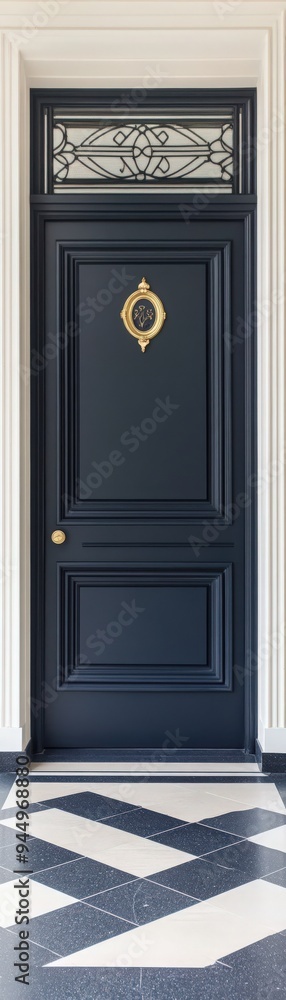 Elegant dark door with a classic design, featuring a decorative window and stylish handle, set on a patterned floor. Elegant dark door with a classic design, featuring a decorative window and stylish handle, set on a patterned floor.