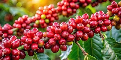 Closeup of vibrant red coffee cherries hanging on a branch in Brazil , coffee, beans, ripe, red, tree, plantation