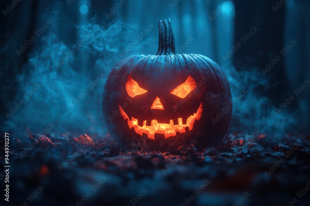 Halloween pumpkin in the background with a fuzzy Enchanted Forest Halloween pumpkin in the background with a fuzzy Enchanted Forest