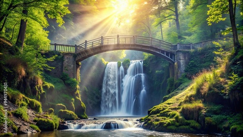 Bridge over picturesque waterfall with sunlight filtering through trees , nature, scenic, landscape, tranquil, serene, majestic photo