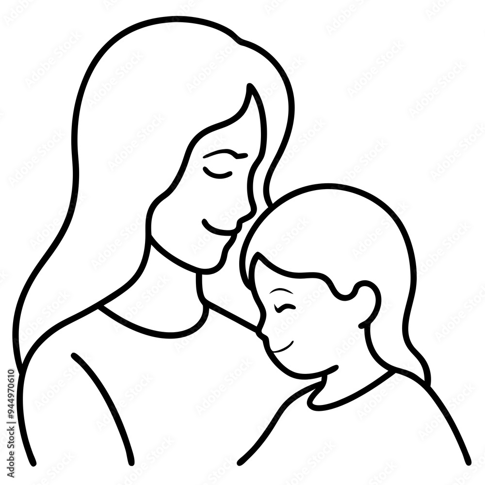 Mother and daughter, child's head resting on her shoulder vector illustration, background white Mother and daughter, child's head resting on her shoulder vector illustration, background white